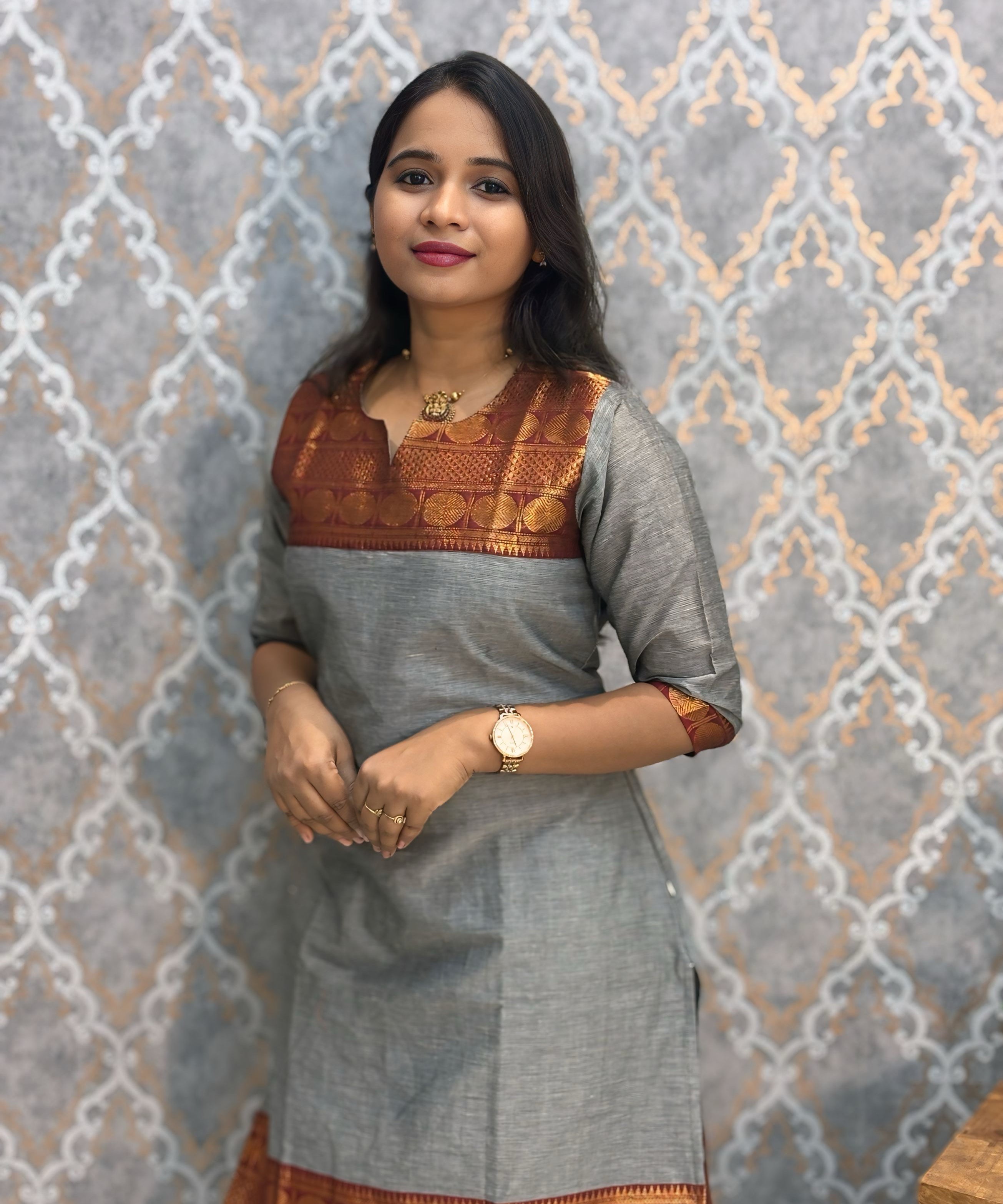 Gray and Maroon Color Premium Kanchi Cotton 2 Piece Kurti and Dupatta / LSS198