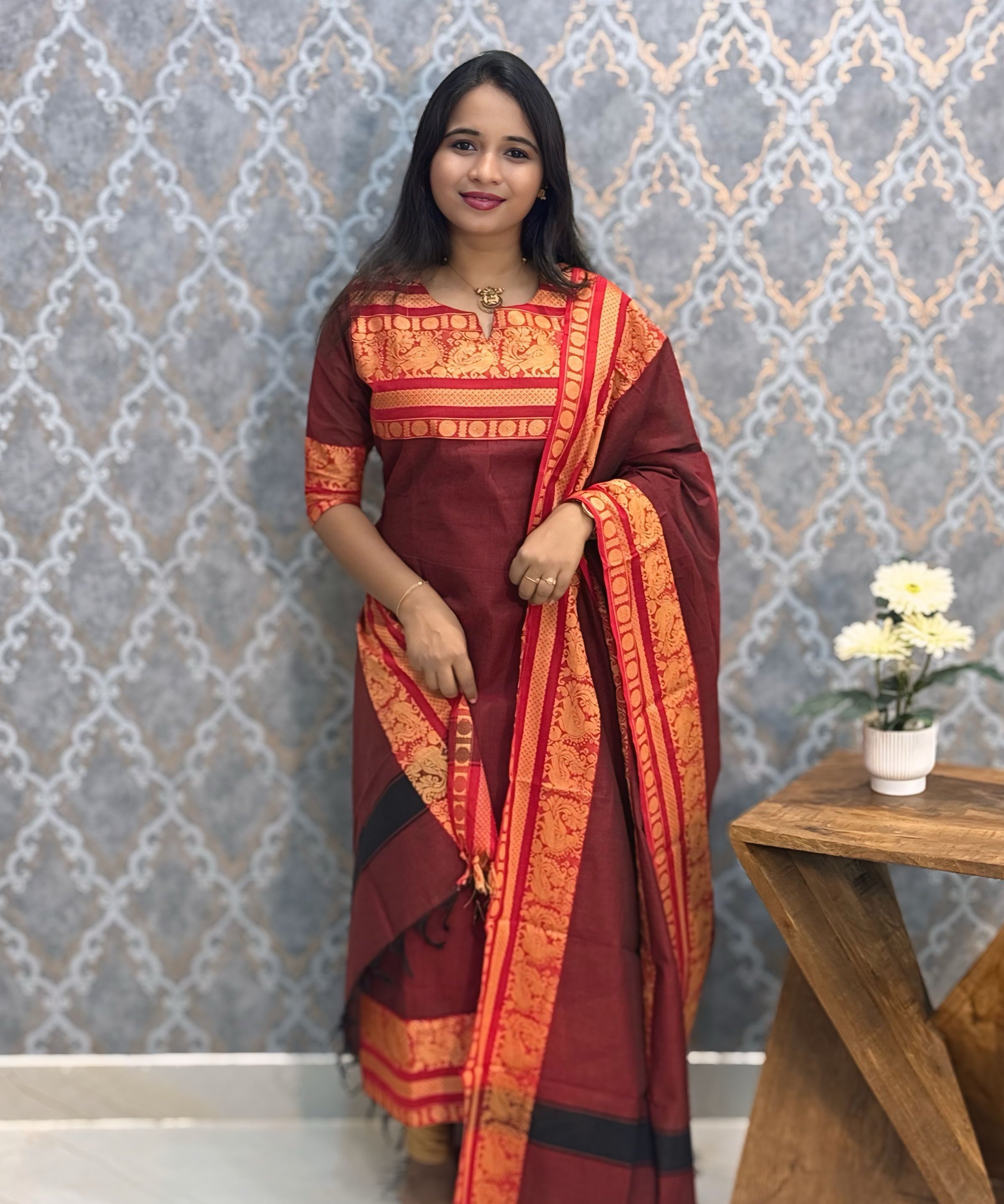 Maroon and Red Color Premium Kanchi Cotton 2 Piece Kurti and Dupatta / LSS198