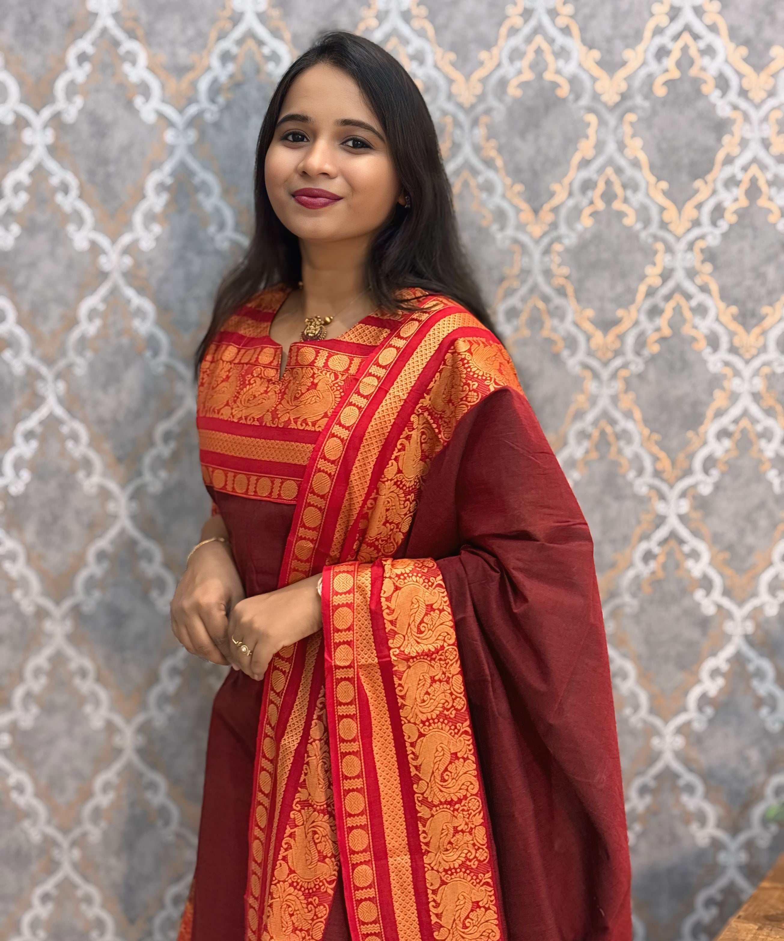 Maroon and Red Color Premium Kanchi Cotton 2 Piece Kurti and Dupatta / LSS198