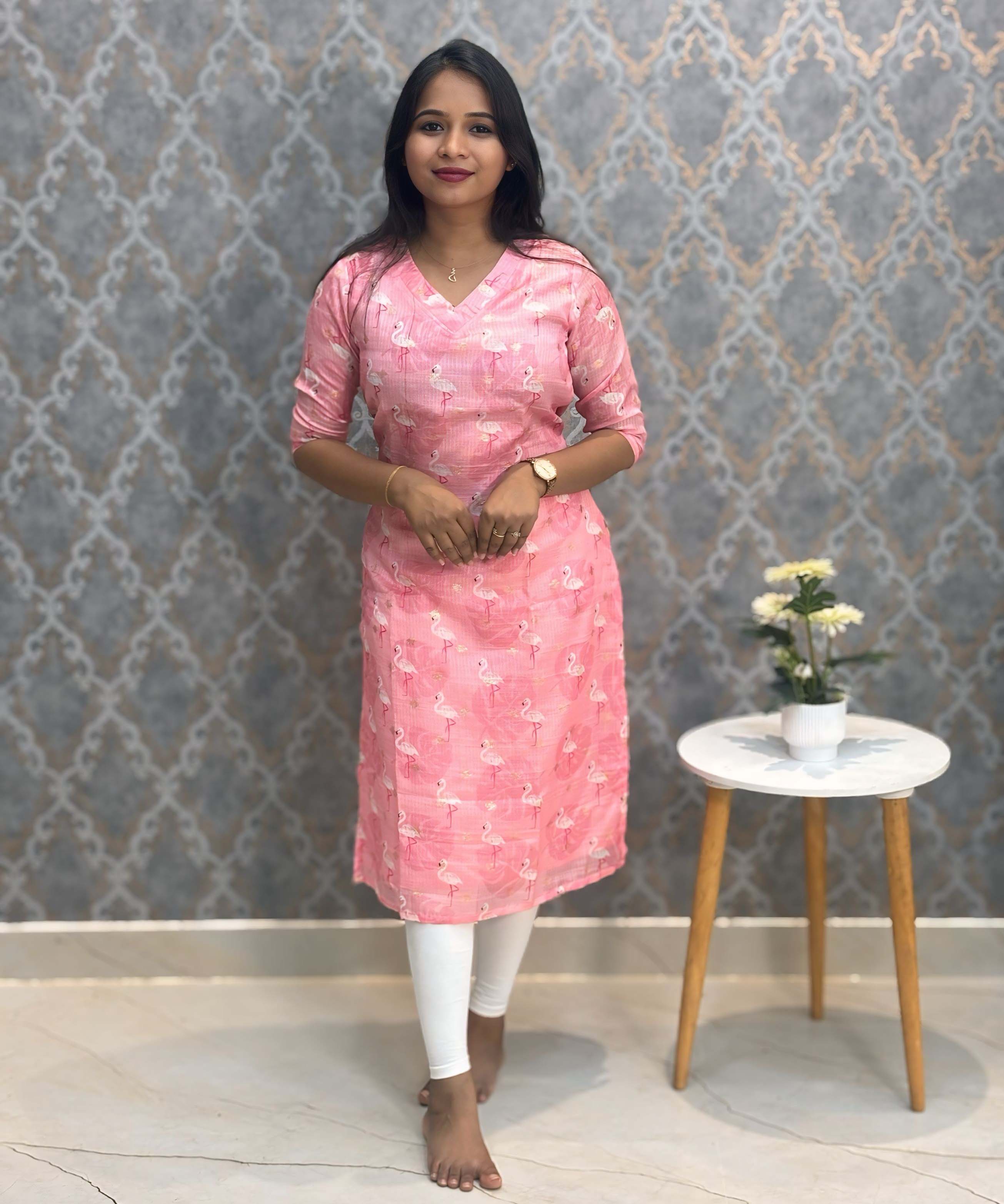 Lite Pink Color V Neck Premium Kota Cotton Kurti with Lining / LSS195