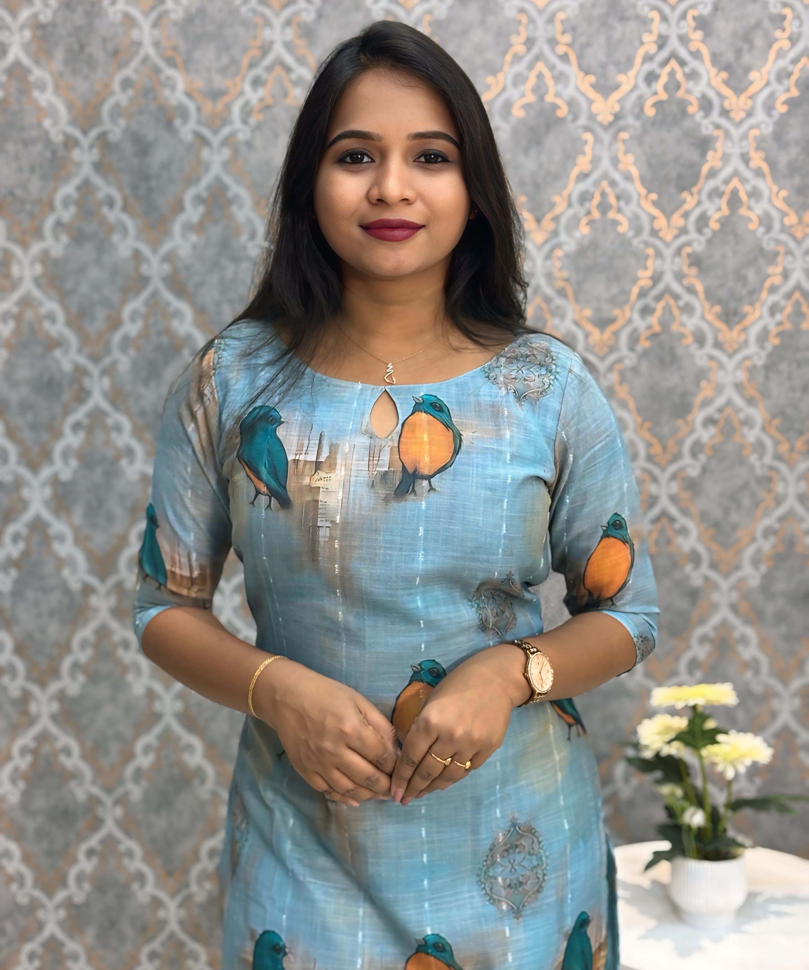 Blue Color Bird Design Boat Neck Premium Linen Bubble Cotton Long Length Kurtis with Lining / LSS167