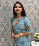 Blue Color Bird Design Boat Neck Premium Linen Bubble Cotton Long Length Kurtis with Lining / LSS167