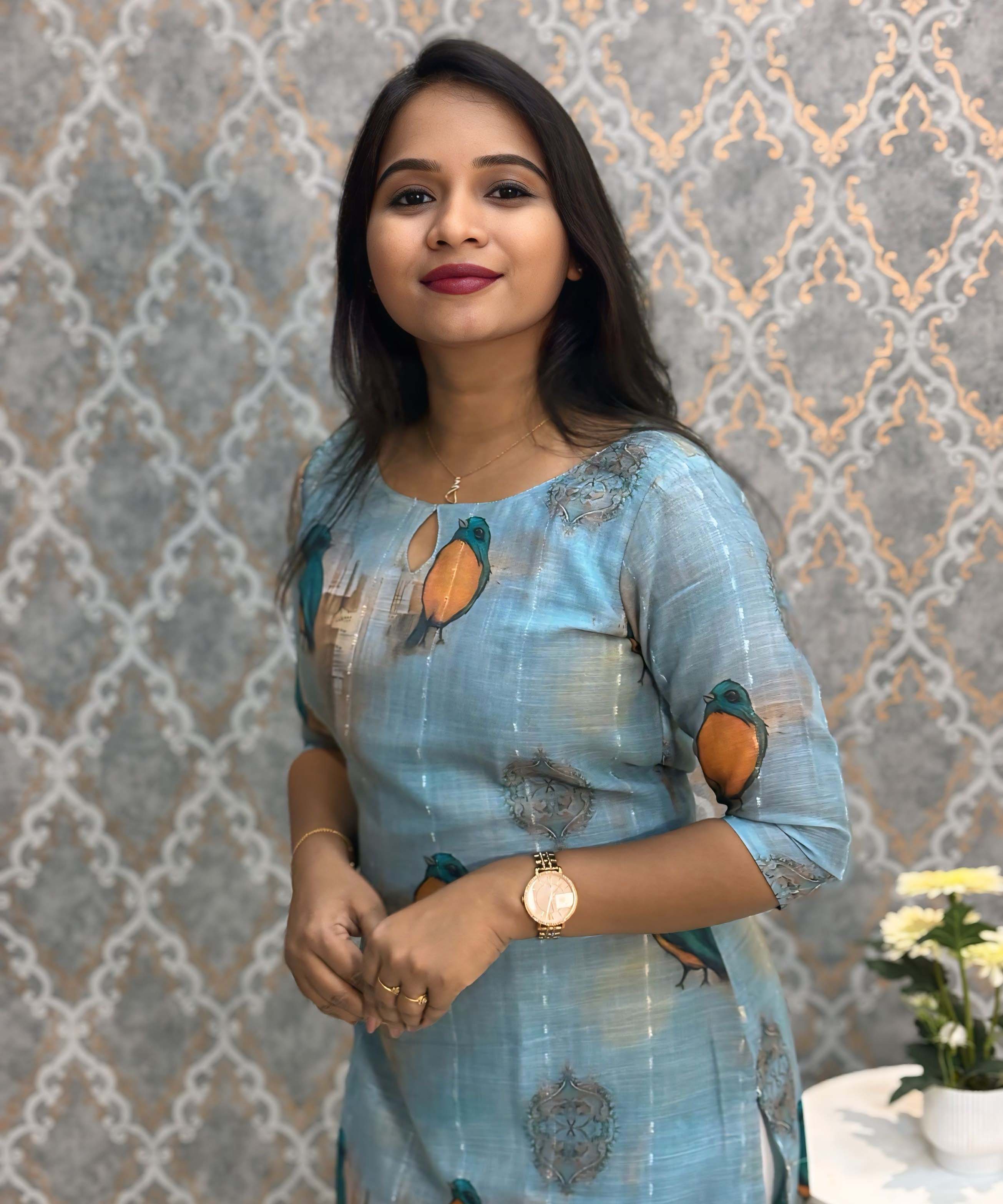 Blue Color Bird Design Boat Neck Premium Linen Bubble Cotton Long Length Kurtis with Lining / LSS167