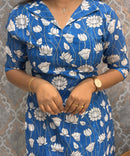 Blue and White Color Floral Design Collar V Neck Premium Linen Bubble Cotton Kurti with Lining / LSS167