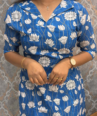 Blue and White Color Floral Design Collar V Neck Premium Linen Bubble Cotton Kurti with Lining / LSS167