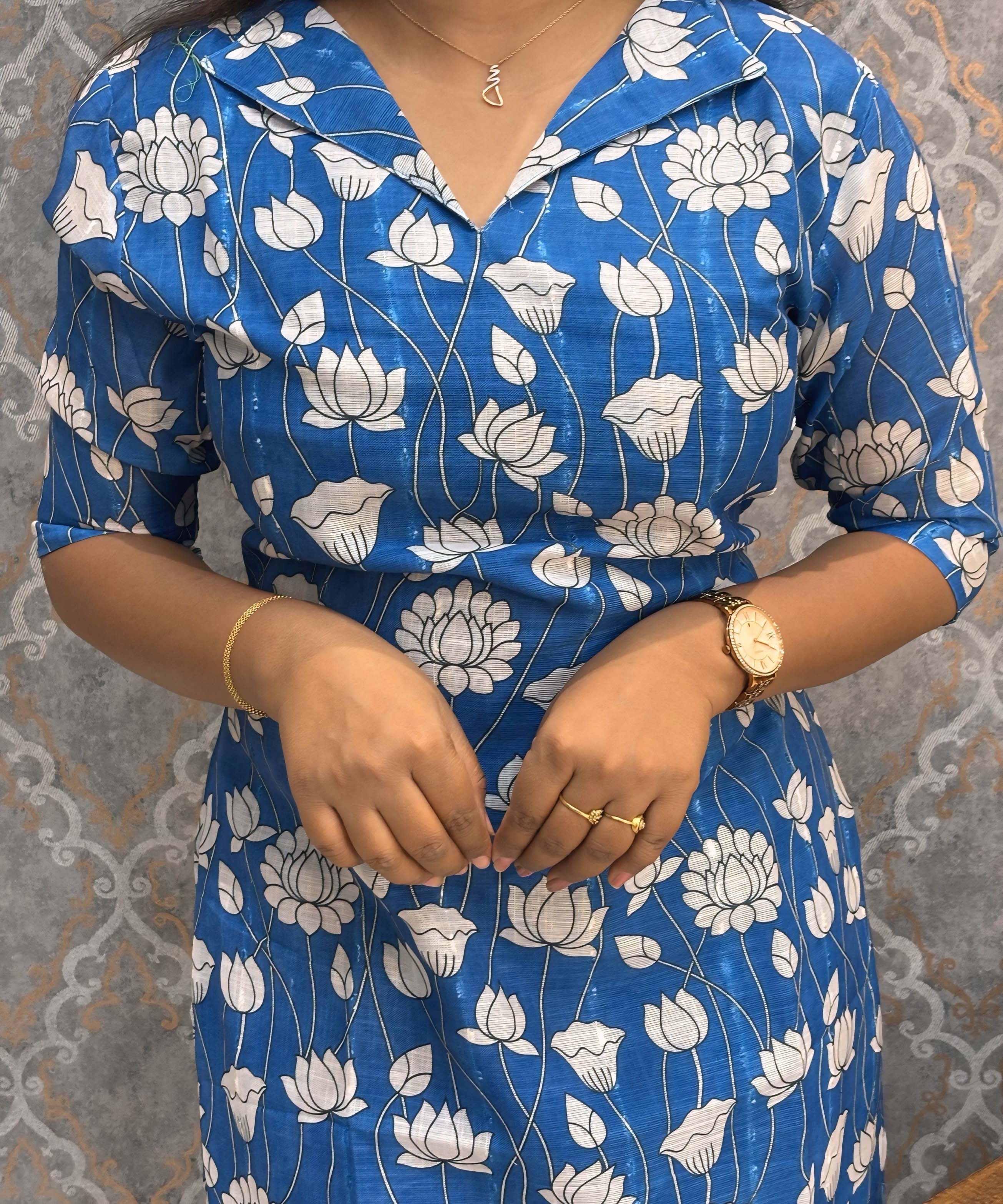 Blue and White Color Floral Design Collar V Neck Premium Linen Bubble Cotton Kurti with Lining / LSS167