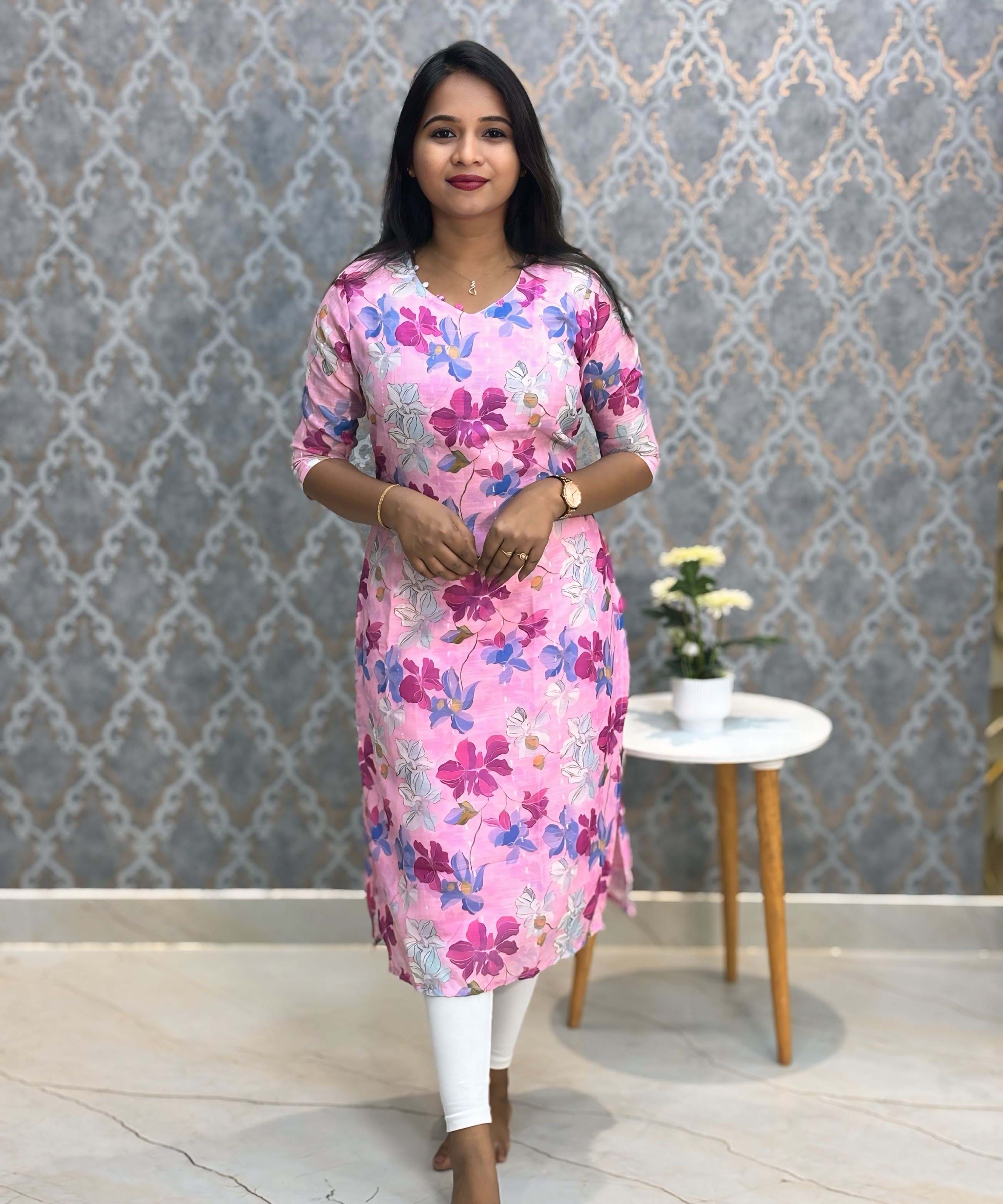Lite Purple Color Floral Design V Neck Premium Linen Bubble Cotton Long Length Kurtis with Lining / LSS167