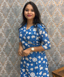 Blue and White Color Floral Design Collar V Neck Premium Linen Bubble Cotton Kurti with Lining / LSS167