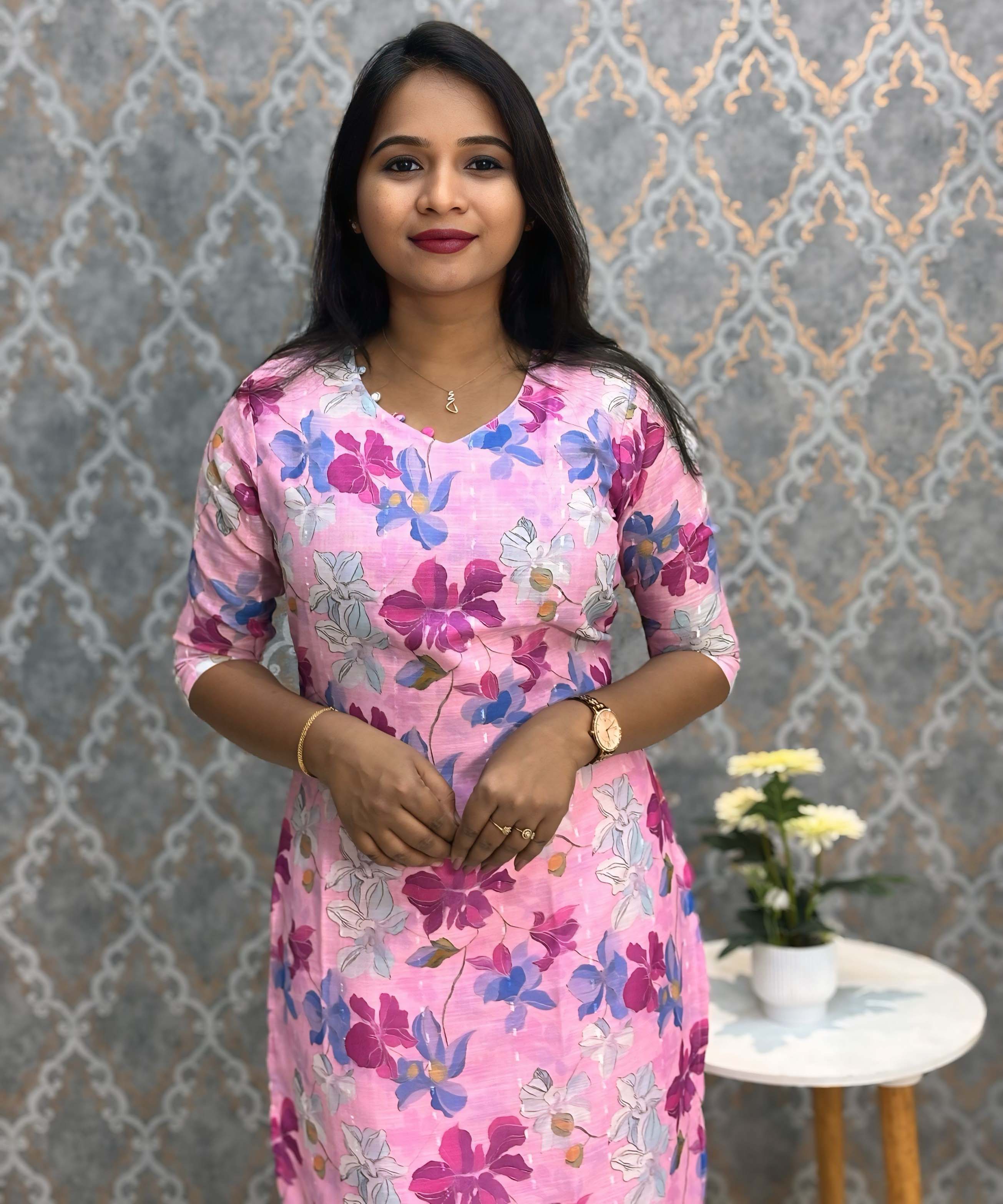 Lite Purple Color Floral Design V Neck Premium Linen Bubble Cotton Long Length Kurtis with Lining / LSS167