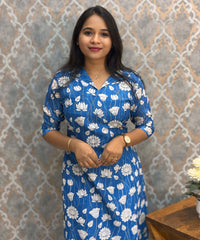Blue and White Color Floral Design Collar V Neck Premium Linen Bubble Cotton Kurti with Lining / LSS167