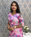 Lite Purple Color Floral Design V Neck Premium Linen Bubble Cotton Long Length Kurtis with Lining / LSS167