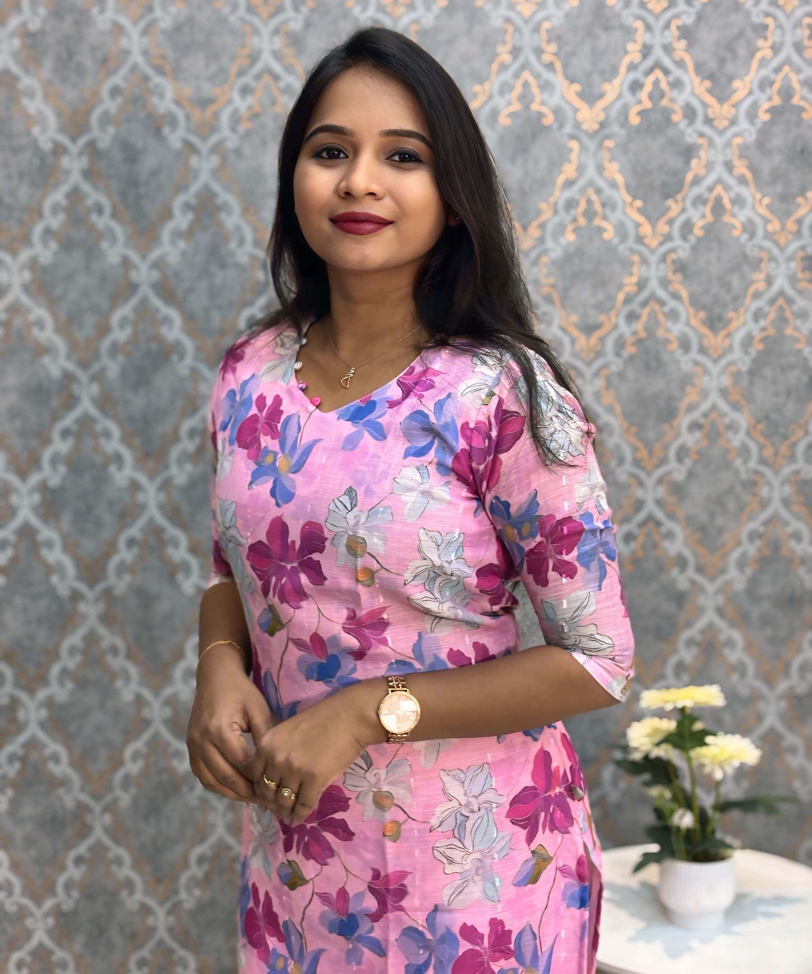 Lite Purple Color Floral Design V Neck Premium Linen Bubble Cotton Long Length Kurtis with Lining / LSS167