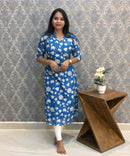 Blue and White Color Floral Design Collar V Neck Premium Linen Bubble Cotton Kurti with Lining / LSS167