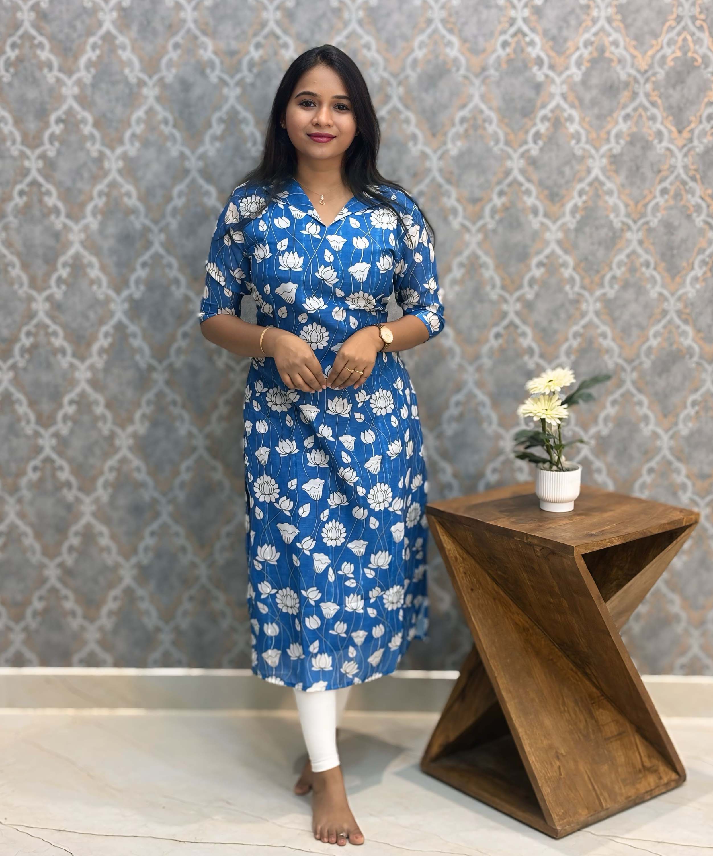 Blue and White Color Floral Design Collar V Neck Premium Linen Bubble Cotton Kurti with Lining / LSS167