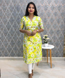 Lemon Yellow Color Floral Design Collar V Neck Premium Linen Bubble Cotton Kurti with Lining / LSS167