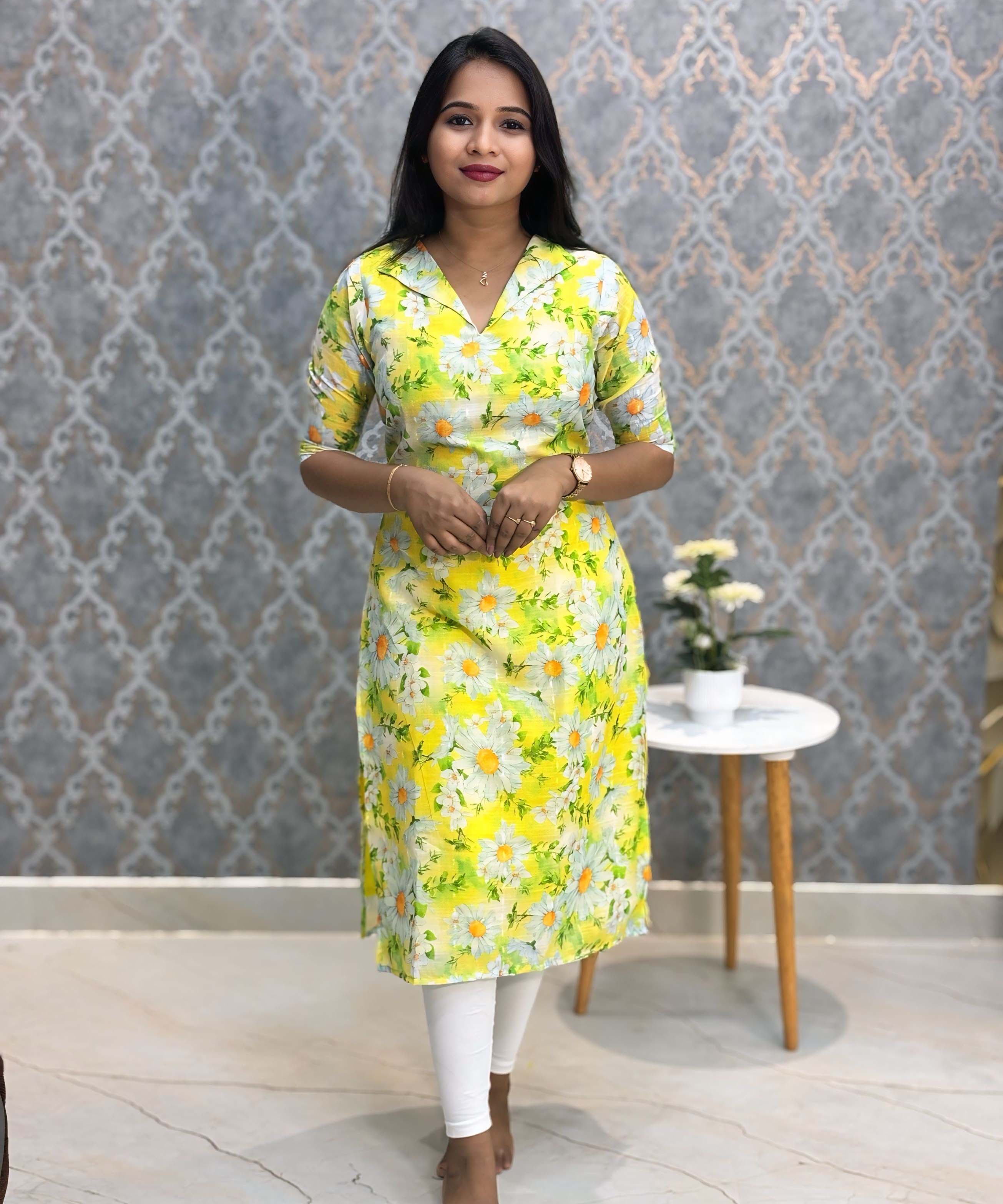 Lemon Yellow Color Floral Design Collar V Neck Premium Linen Bubble Cotton Kurti with Lining / LSS167