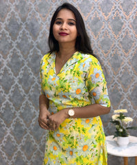 Lemon Yellow Color Floral Design Collar V Neck Premium Linen Bubble Cotton Kurti with Lining / LSS167