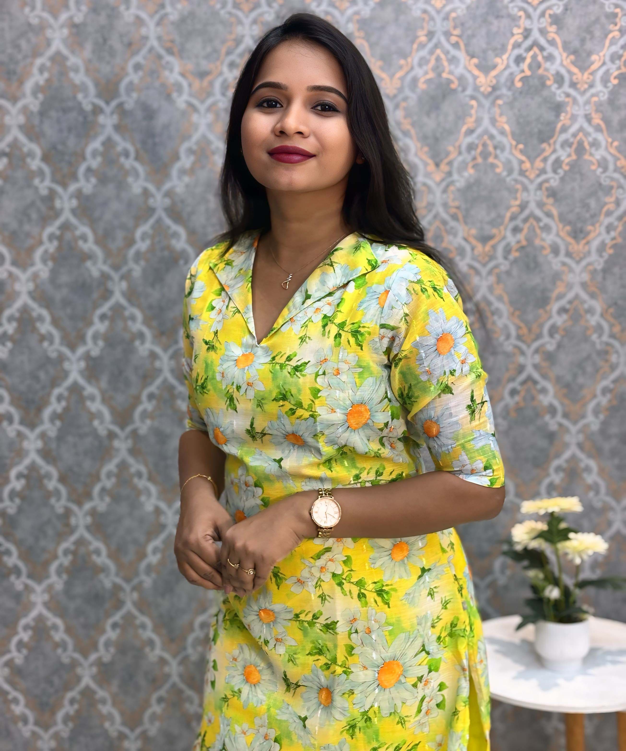 Lemon Yellow Color Floral Design Collar V Neck Premium Linen Bubble Cotton Kurti with Lining / LSS167