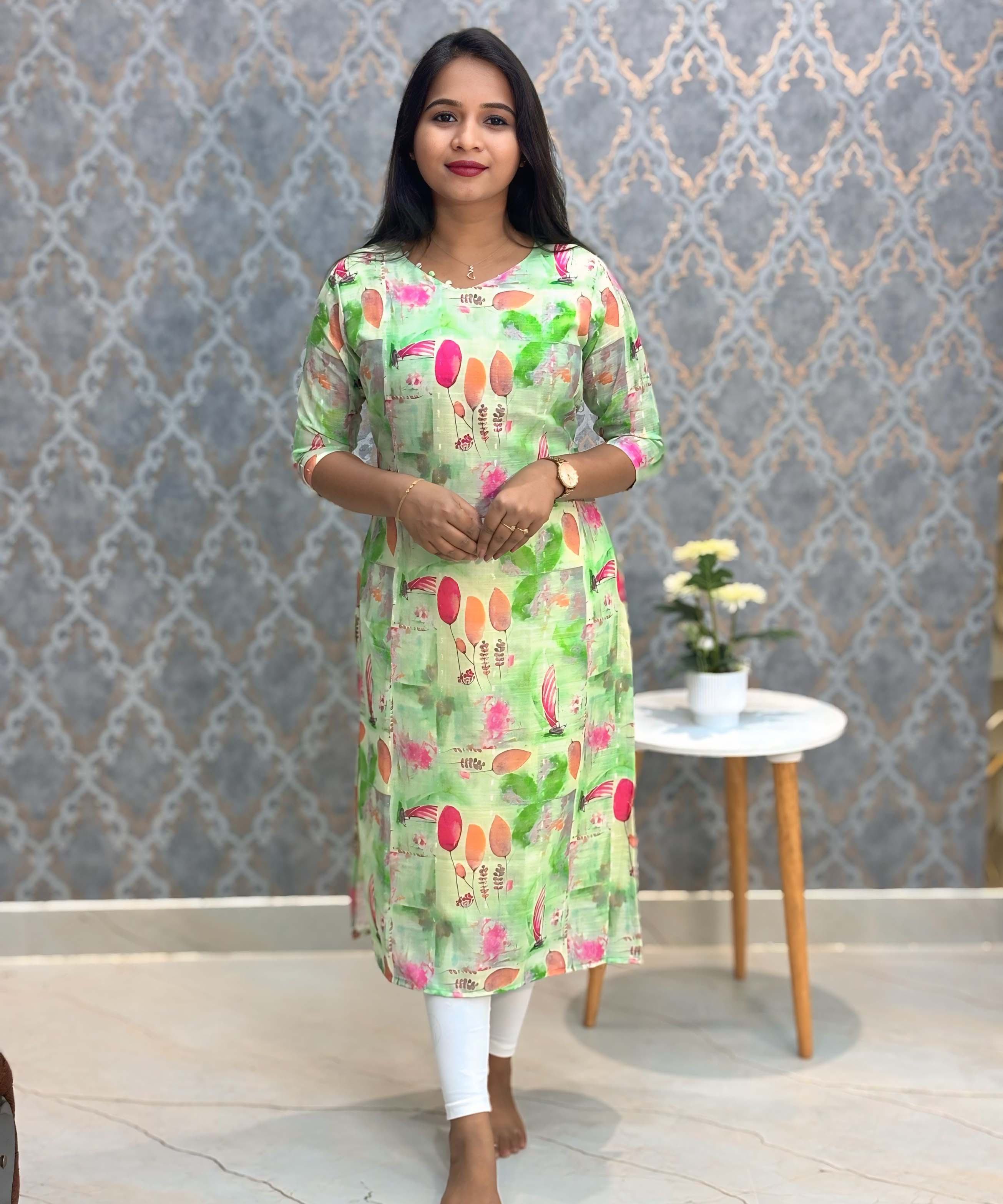 Lite Green Color Floral Design V Neck Premium Linen Bubble Cotton Kurti with Lining / LSS167