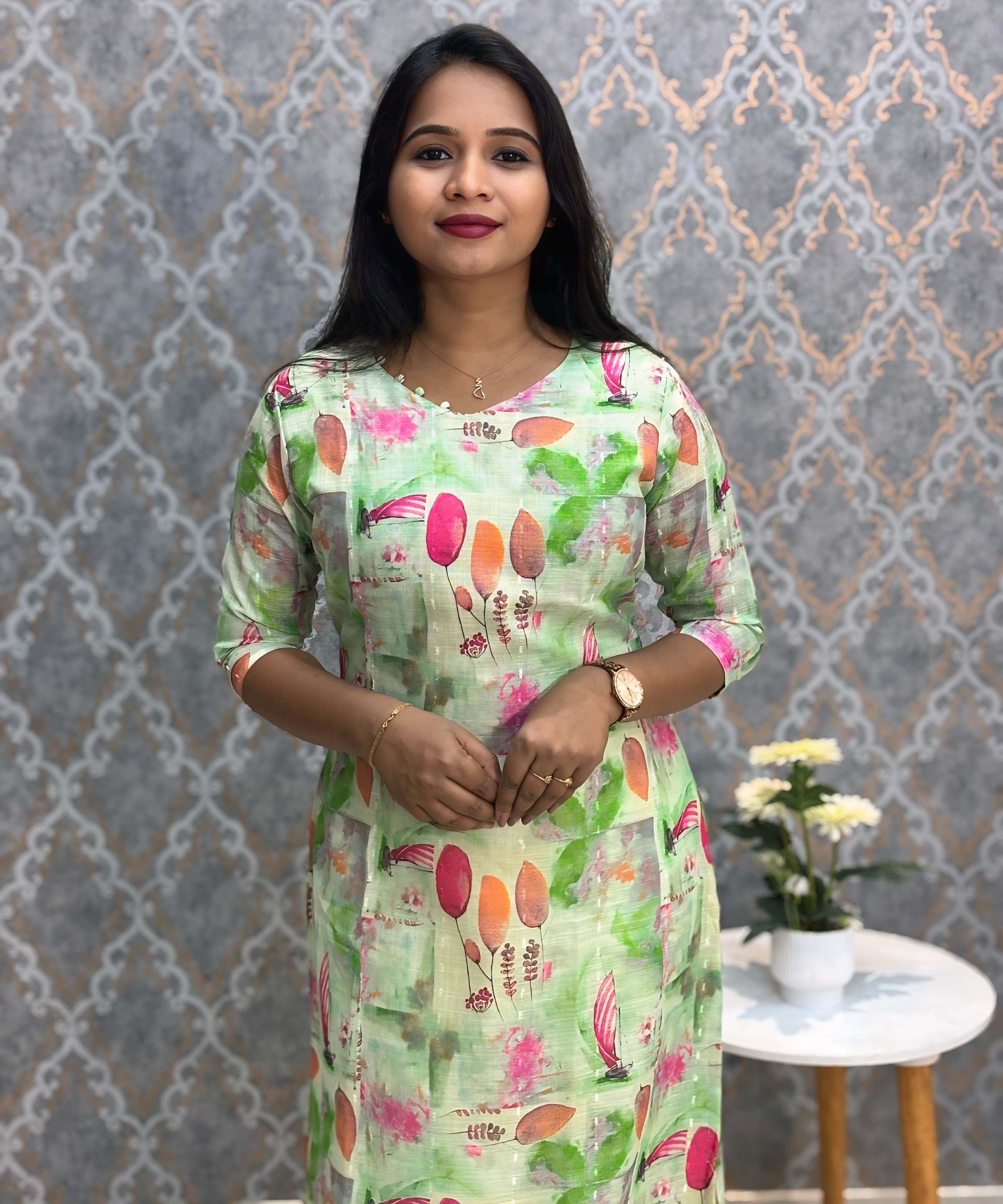 Lite Green Color Floral Design V Neck Premium Linen Bubble Cotton Kurti with Lining / LSS167