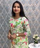 Lite Green Color Floral Design V Neck Premium Linen Bubble Cotton Kurti with Lining / LSS167