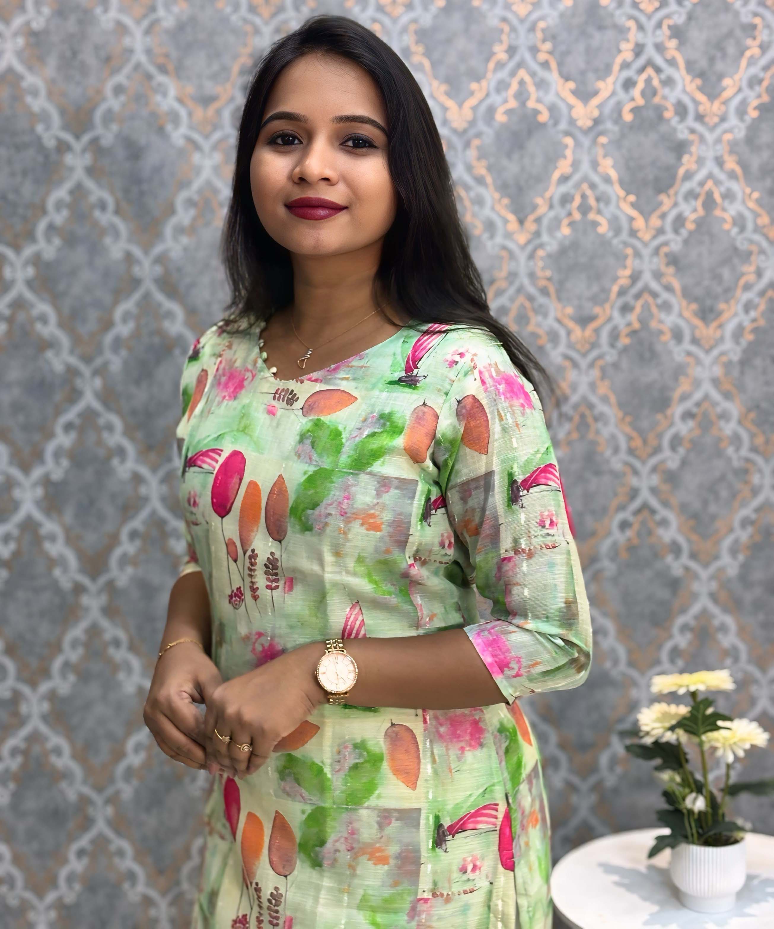 Lite Green Color Floral Design V Neck Premium Linen Bubble Cotton Kurti with Lining / LSS167