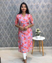 Violet and Pink Color Floral Design Collar V Neck Premium Linen Bubble Cotton Kurti with Lining / LSS167