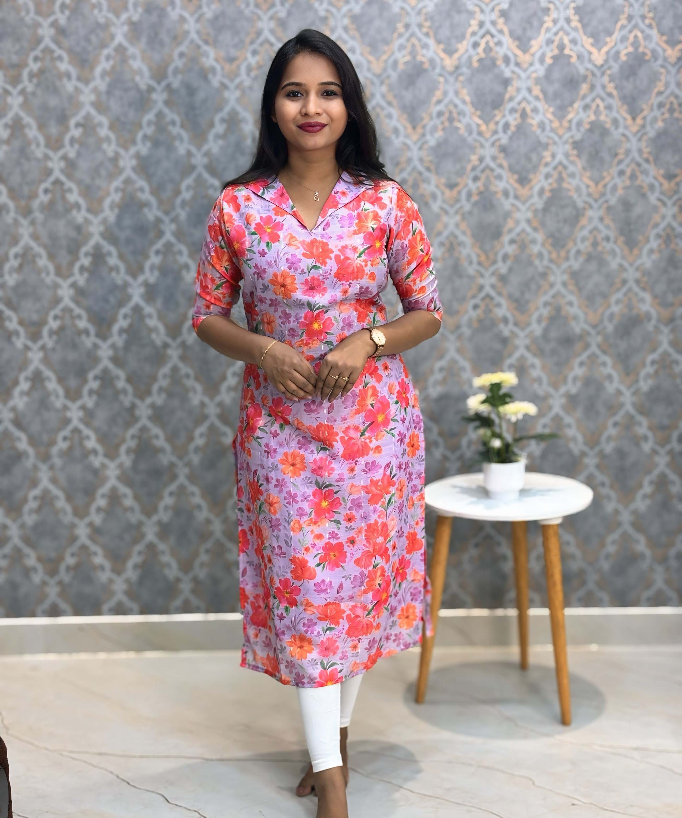 Violet and Pink Color Floral Design Collar V Neck Premium Linen Bubble Cotton Kurti with Lining / LSS167