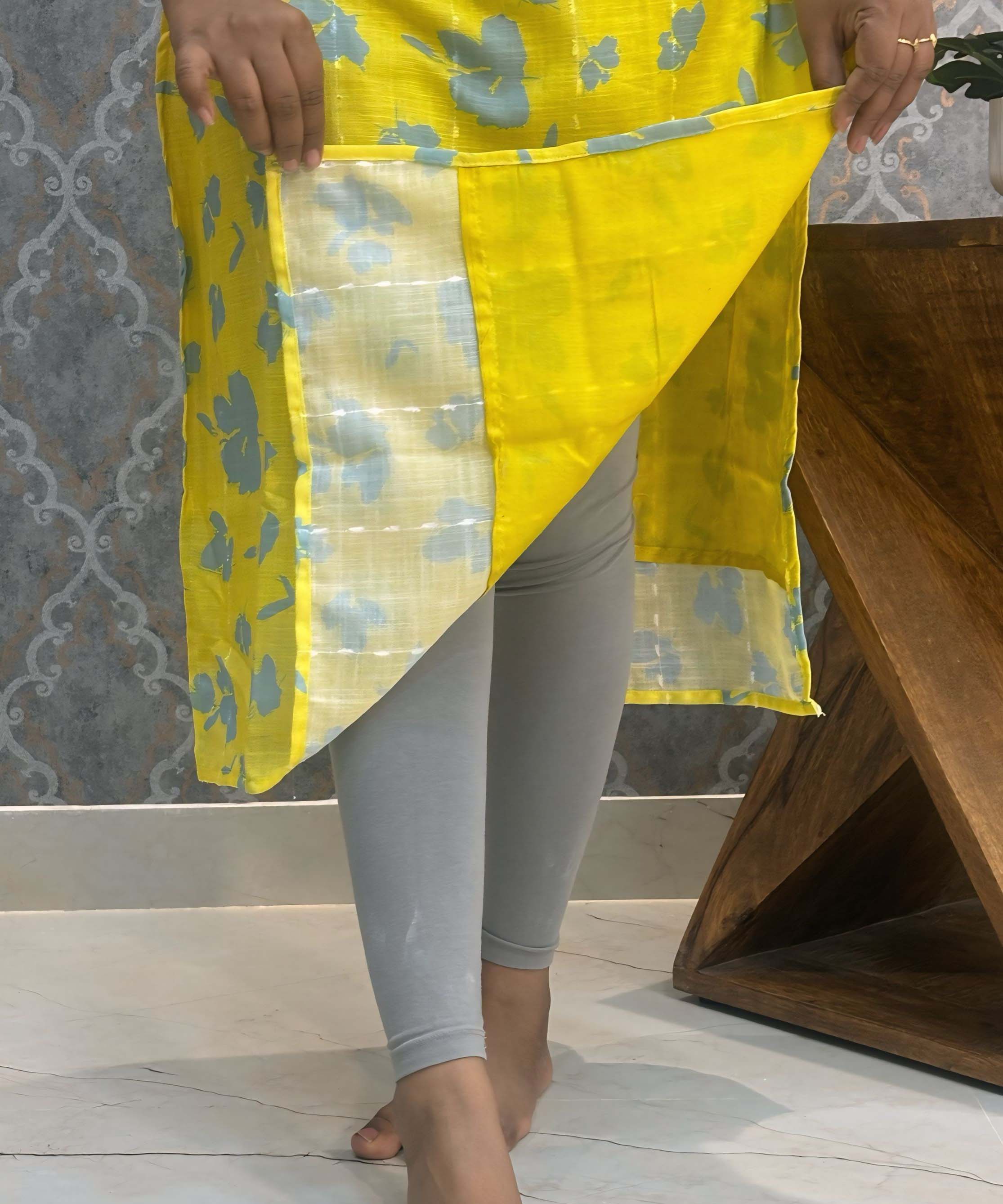 Lemon Yellow and Gray Color Floral Design Collar V Neck Premium Linen Bubble Cotton Kurti with Lining / LSS167