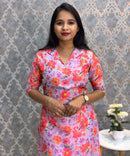 Violet and Pink Color Floral Design Collar V Neck Premium Linen Bubble Cotton Kurti with Lining / LSS167
