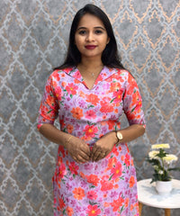 Violet and Pink Color Floral Design Collar V Neck Premium Linen Bubble Cotton Kurti with Lining / LSS167