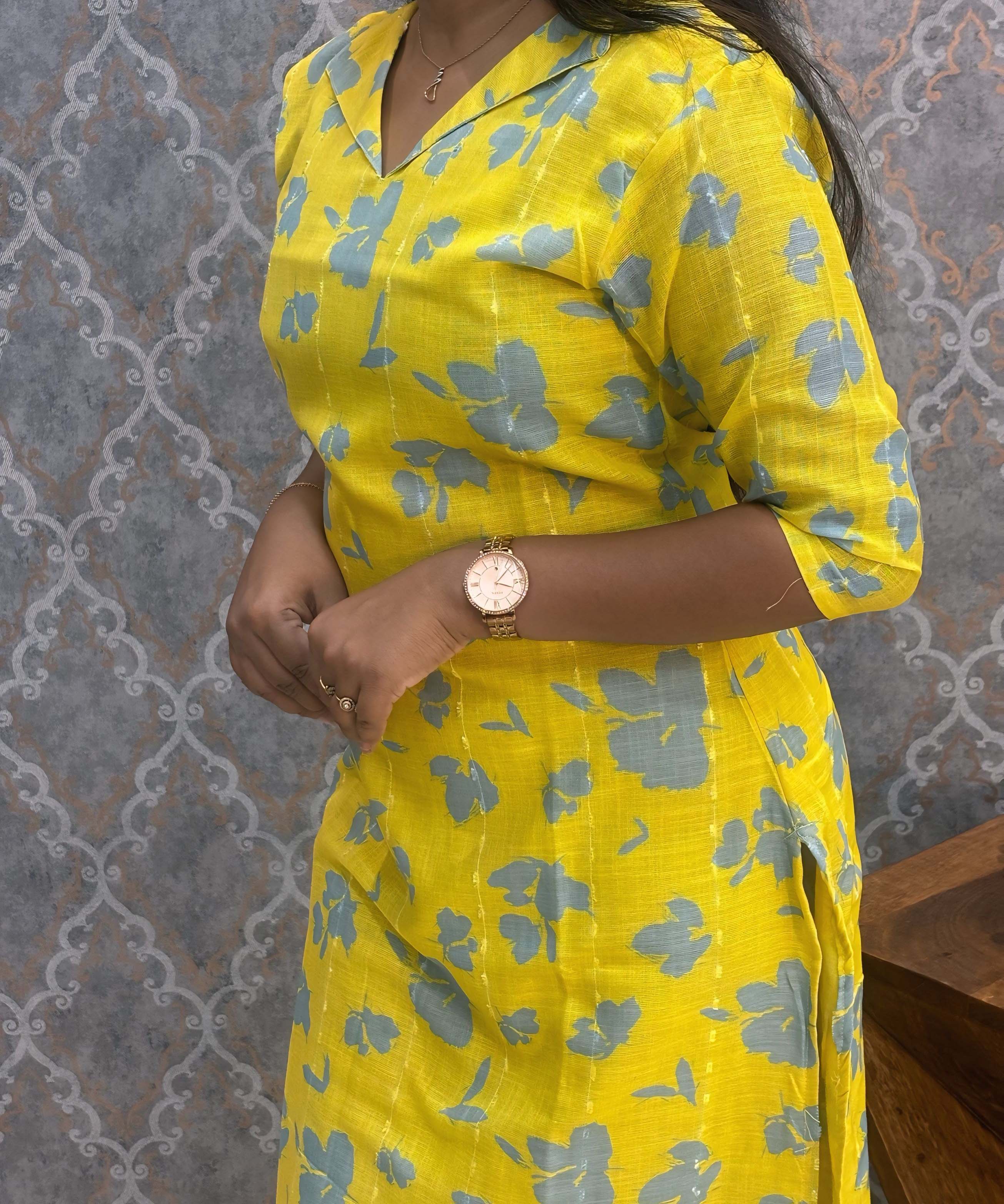 Lemon Yellow and Gray Color Floral Design Collar V Neck Premium Linen Bubble Cotton Kurti with Lining / LSS167