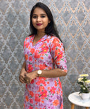 Violet and Pink Color Floral Design Collar V Neck Premium Linen Bubble Cotton Kurti with Lining / LSS167