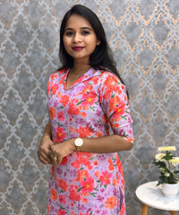 Violet and Pink Color Floral Design Collar V Neck Premium Linen Bubble Cotton Kurti with Lining / LSS167