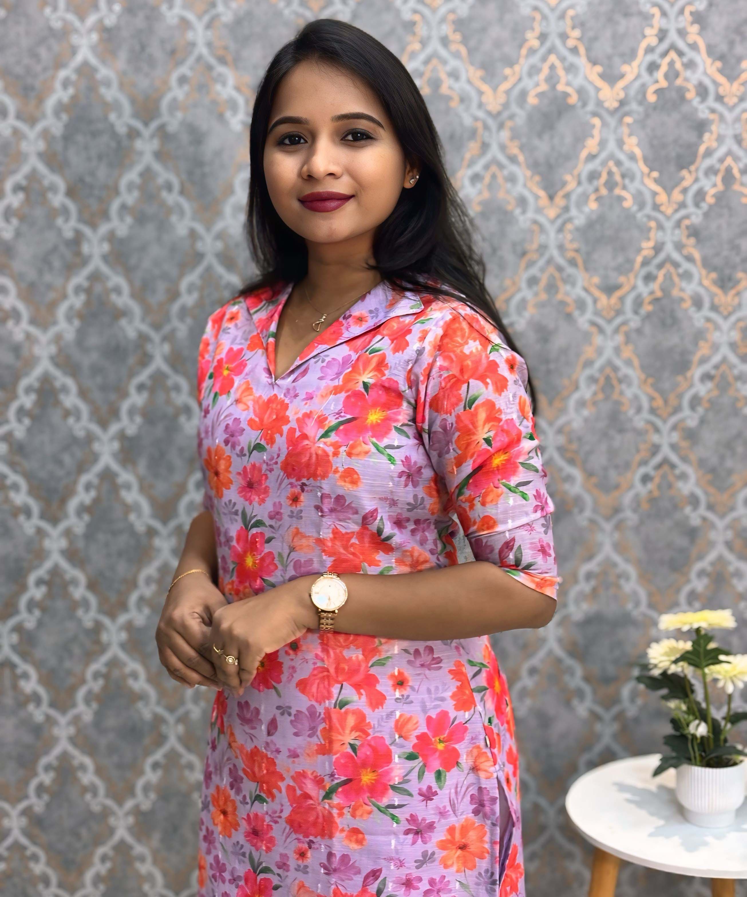 Violet and Pink Color Floral Design Collar V Neck Premium Linen Bubble Cotton Kurti with Lining / LSS167