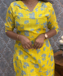 Lemon Yellow and Gray Color Floral Design Collar V Neck Premium Linen Bubble Cotton Kurti with Lining / LSS167