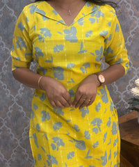 Lemon Yellow and Gray Color Floral Design Collar V Neck Premium Linen Bubble Cotton Kurti with Lining / LSS167