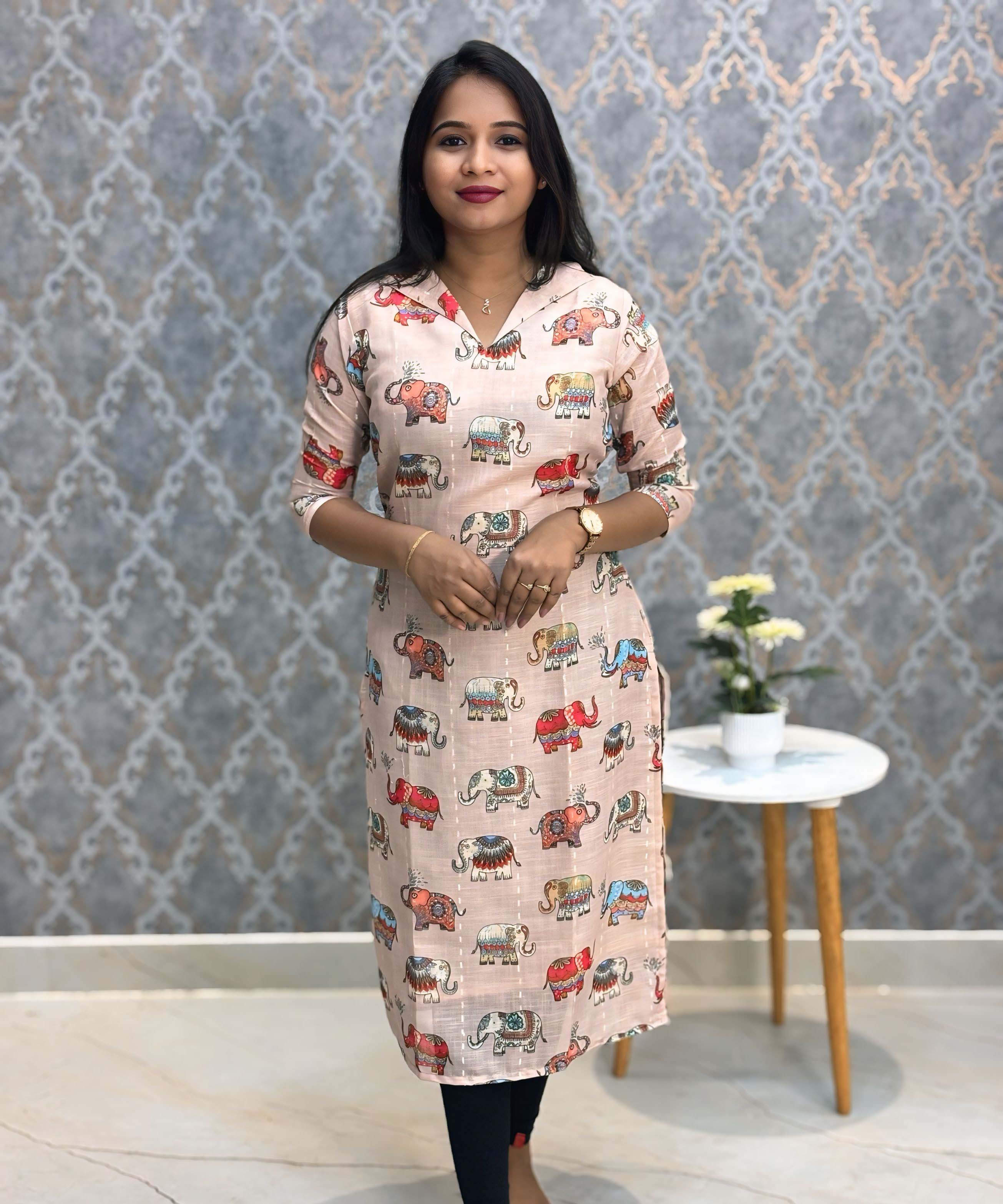 Beige Color Elephant Design Collar V Neck Premium Linen Bubble Cotton Kurti with Lining / LSS167