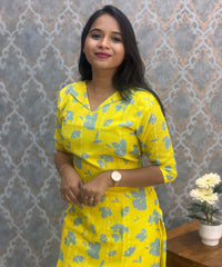 Lemon Yellow and Gray Color Floral Design Collar V Neck Premium Linen Bubble Cotton Kurti with Lining / LSS167