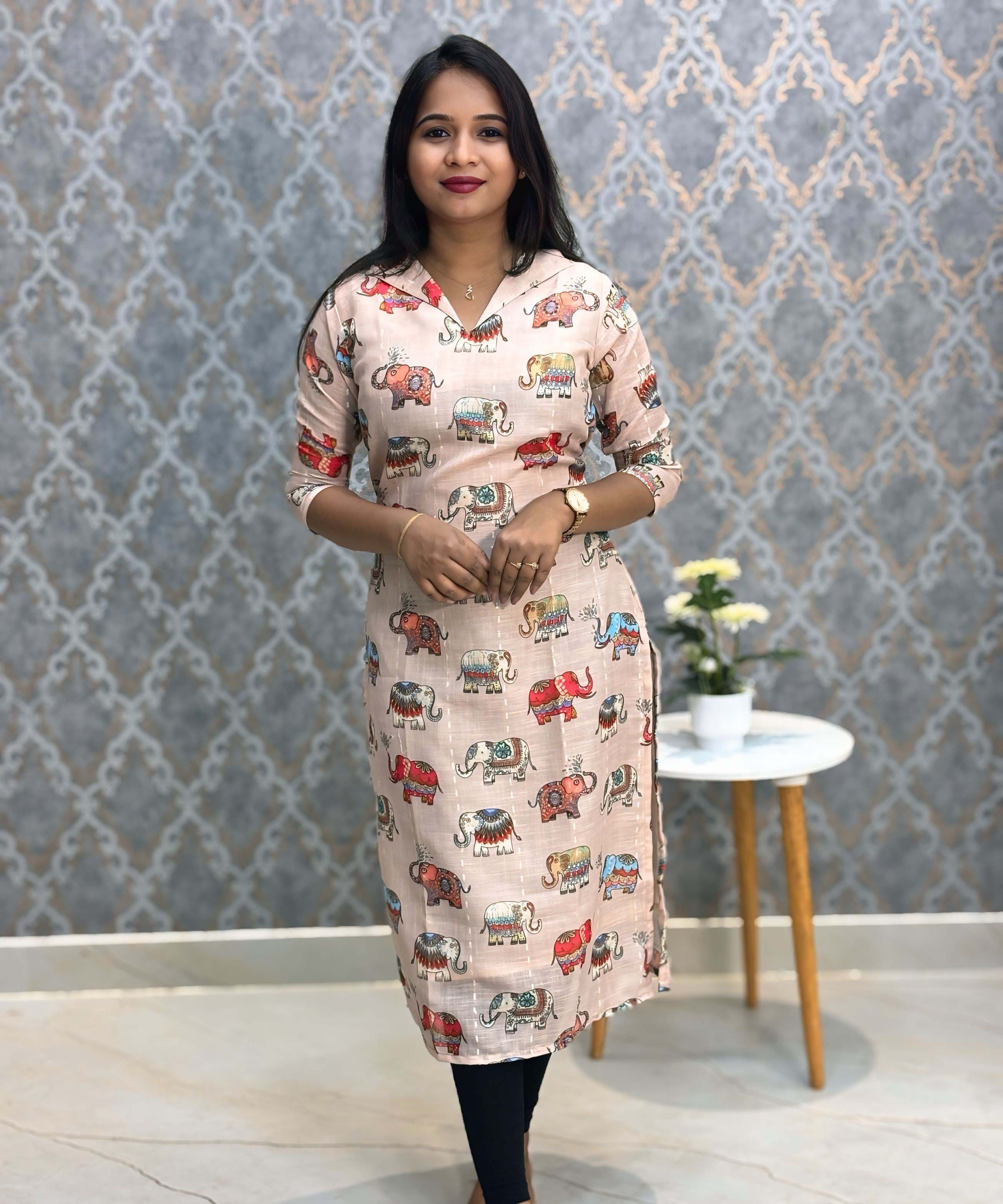 Beige Color Elephant Design Collar V Neck Premium Linen Bubble Cotton Kurti with Lining / LSS167