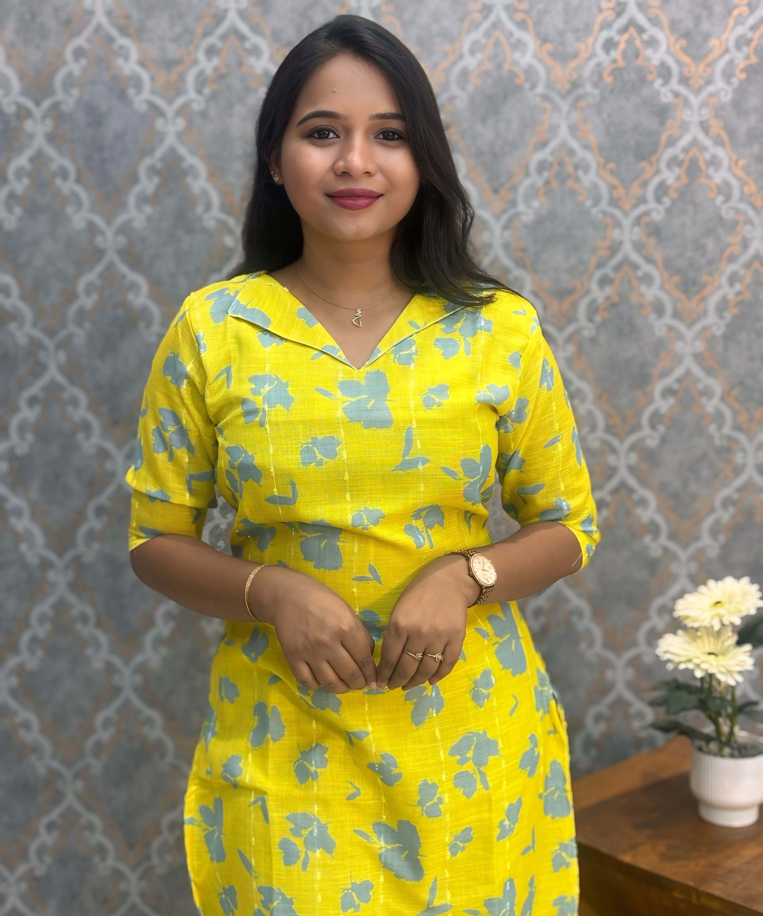 Lemon Yellow and Gray Color Floral Design Collar V Neck Premium Linen Bubble Cotton Kurti with Lining / LSS167