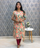 Orange and Green Color Floral Design V Neck Premium Linen Bubble Cotton Kurti with Lining / LSS167