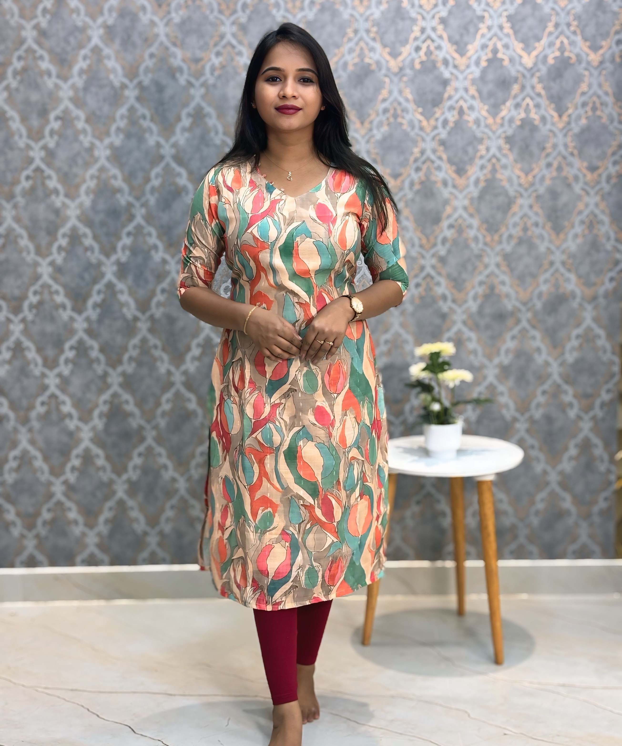 Orange and Green Color Floral Design V Neck Premium Linen Bubble Cotton Kurti with Lining / LSS167
