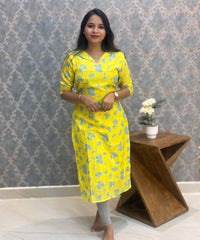 Lemon Yellow and Gray Color Floral Design Collar V Neck Premium Linen Bubble Cotton Kurti with Lining / LSS167