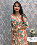 Orange and Green Color Floral Design V Neck Premium Linen Bubble Cotton Kurti with Lining / LSS167