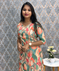 Orange and Green Color Floral Design V Neck Premium Linen Bubble Cotton Kurti with Lining / LSS167