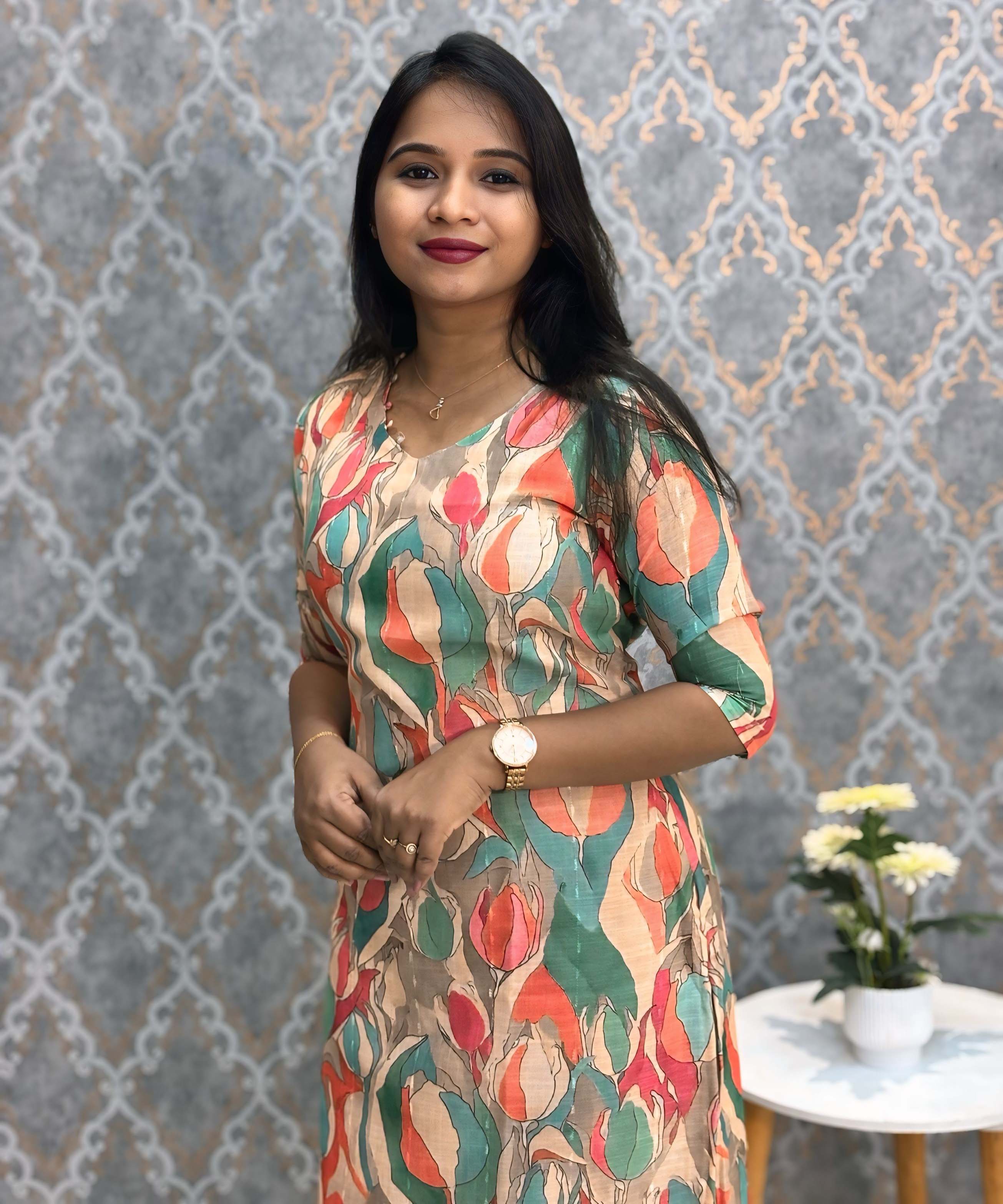 Orange and Green Color Floral Design V Neck Premium Linen Bubble Cotton Kurti with Lining / LSS167