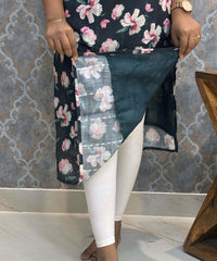 Black and Pink Color Floral Design Boat Neck Premium Linen Bubble Cotton Kurti with Lining / LSS167