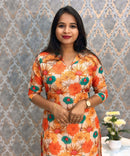 Orange and Beige Color Floral Design Collar V Neck Premium Linen Bubble Cotton Kurti with Lining / LSS167
