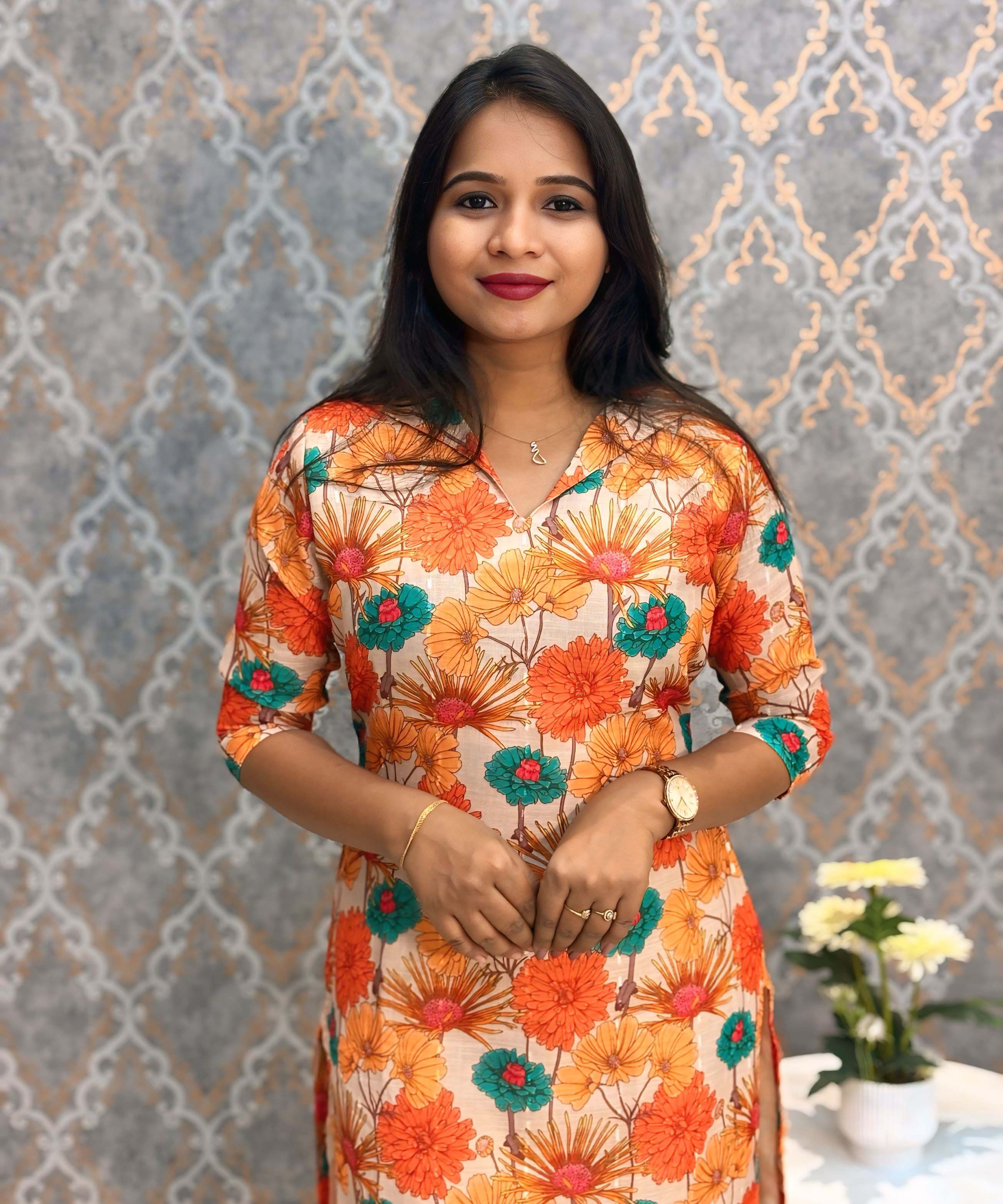 Orange and Beige Color Floral Design Collar V Neck Premium Linen Bubble Cotton Kurti with Lining / LSS167